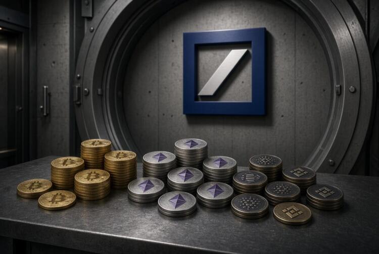 Bóveda con logo de Deutsche Bank y montones de criptomonedas.