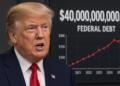 Donald Trump habla frente a un gráfico que muestra un aumento en la deuda federal.
