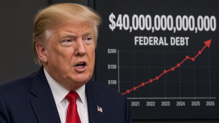Donald Trump habla frente a un gráfico que muestra un aumento en la deuda federal.