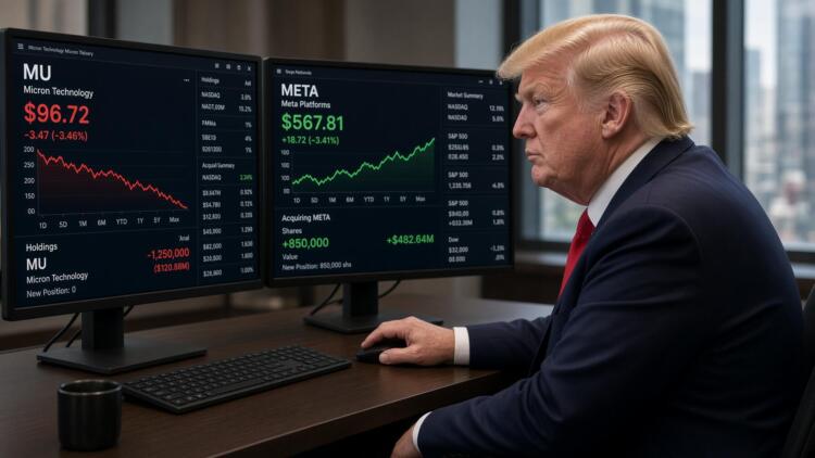 Donald Trump observa pantallas con cotizaciones de acciones de Micron y Meta en una oficina