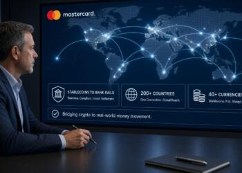 Un ejecutivo observa una pantalla de Mastercard con un mapamundi y datos de pagos.