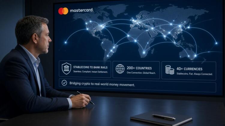 Un ejecutivo observa una pantalla de Mastercard con un mapamundi y datos de pagos.