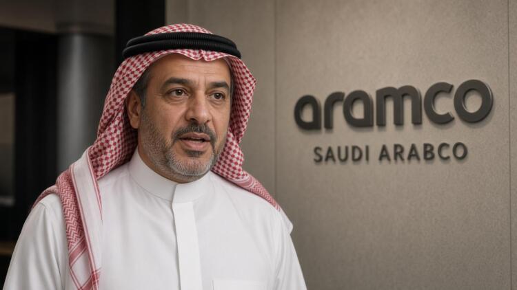 Un directivo de Saudi Aramco con vestimenta tradicional frente al logotipo de la empresa.