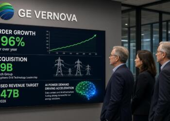 Tres personas observan una pantalla con datos financieros y objetivos de GE Vernova.
