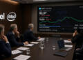 Profesionales se reúnen en una sala frente a una pantalla con datos financieros de Intel.