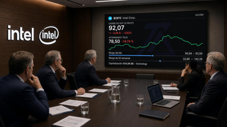 Profesionales se reúnen en una sala frente a una pantalla con datos financieros de Intel.