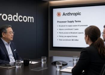 Representantes se reúnen frente a una pantalla con términos de suministro de Anthropic