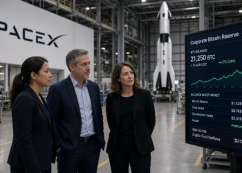 Tres ejecutivos observan una pantalla con datos de reservas de Bitcoin en SpaceX.