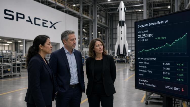 Tres ejecutivos observan una pantalla con datos de reservas de Bitcoin en SpaceX.
