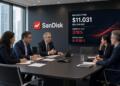 Profesionales se reúnen en una sala frente a una pantalla con datos financieros de SanDisk