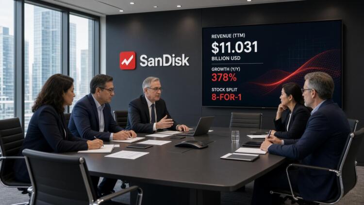Profesionales se reúnen en una sala frente a una pantalla con datos financieros de SanDisk