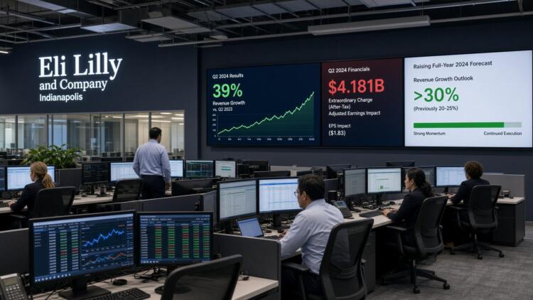 Empleados trabajan frente a pantallas con datos financieros y crecimiento de Eli Lilly.