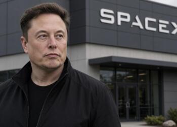 Elon Musk posa frente a la entrada principal de las instalaciones de la empresa SpaceX.