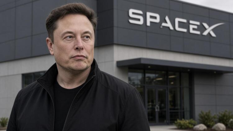 Elon Musk posa frente a la entrada principal de las instalaciones de la empresa SpaceX.