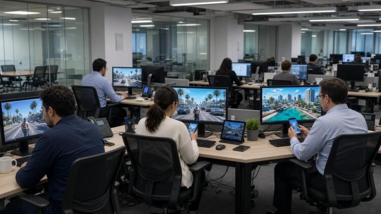 Varios trabajadores en una oficina moderna observan computadoras y teléfonos móviles.