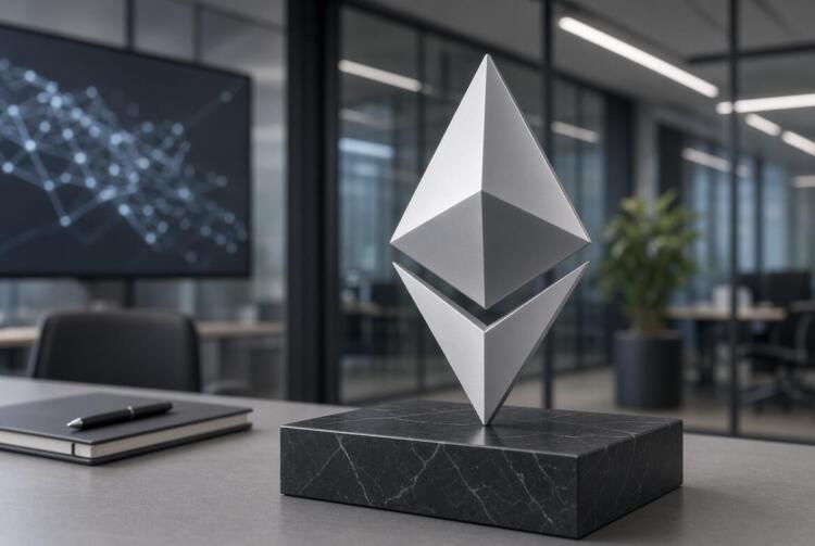 Logo de Ethereum sobre base en oficina tecnológica moderna.