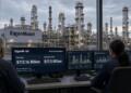 Dos operadores observan pantallas con datos financieros de ExxonMobil frente a una planta.