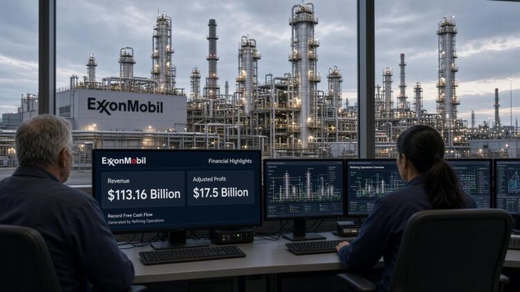 Dos operadores observan pantallas con datos financieros de ExxonMobil frente a una planta.