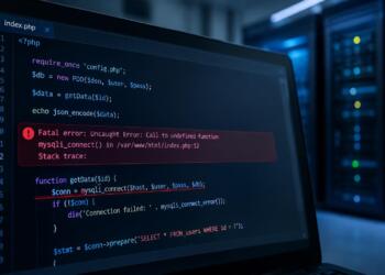 Código PHP muestra un error crítico en una pantalla de desarrollo.
