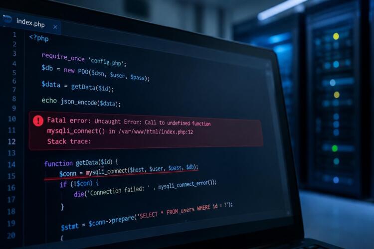 Código PHP muestra un error crítico en una pantalla de desarrollo.