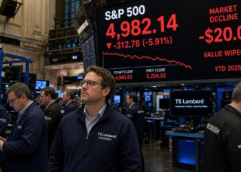 Analistas observan pantallas con la caída del S&P 500 y pérdida de valor bursátil.