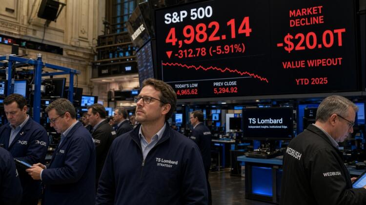 Analistas observan pantallas con la caída del S&P 500 y pérdida de valor bursátil.