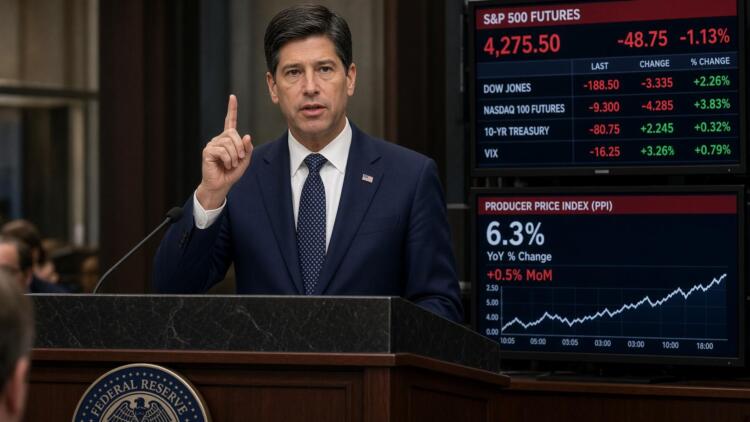 Un orador de la Reserva Federal gesticula frente a pantallas con datos del S&P 500 y el IPP.