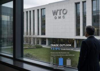 Un hombre mira por la ventana hacia el edificio de la OMC con gráficos comerciales.