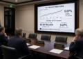 Funcionarios en una sala de juntas observan una pantalla con datos del déficit federal.