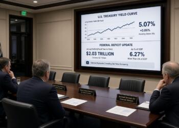 Funcionarios en una sala de juntas observan una pantalla con datos del déficit federal.