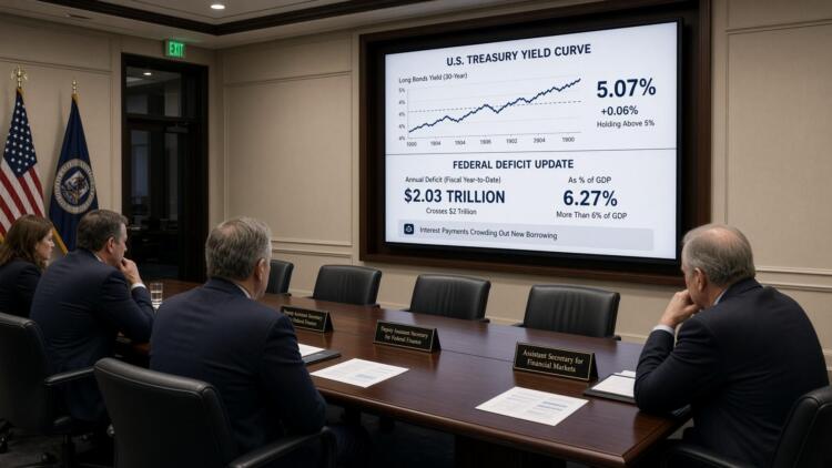 Funcionarios en una sala de juntas observan una pantalla con datos del déficit federal.
