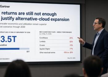 Un analista señala una pantalla de Gartner con datos sobre riesgos en infraestructura de IA.