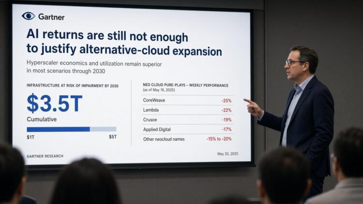 Un analista señala una pantalla de Gartner con datos sobre riesgos en infraestructura de IA.