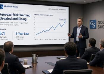 Un orador presenta datos de Goldman Sachs sobre el creciente riesgo de short squeeze.