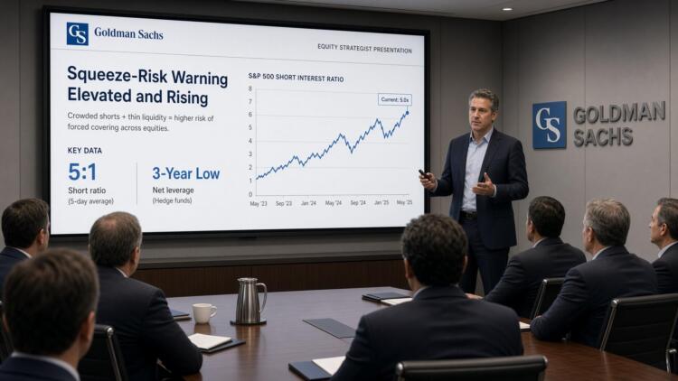 Un orador presenta datos de Goldman Sachs sobre el creciente riesgo de short squeeze.