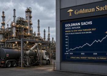 Pantalla de Goldman Sachs con gráficos de precios del diésel junto a una refinería.