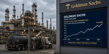 Pantalla de Goldman Sachs con gráficos de precios del diésel junto a una refinería.