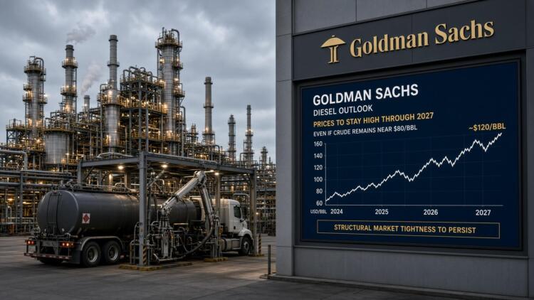 Pantalla de Goldman Sachs con gráficos de precios del diésel junto a una refinería.