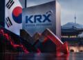 Bolsa de Corea con bandera surcoreana y símbolo de caída bursátil.