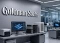 Logo de Goldman Sachs en laboratorio tecnológico con equipos de IA.