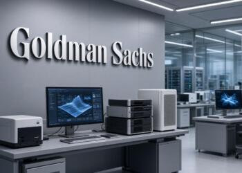 Logo de Goldman Sachs en laboratorio tecnológico con equipos de IA.