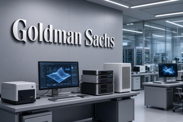 Logo de Goldman Sachs en laboratorio tecnológico con equipos de IA.