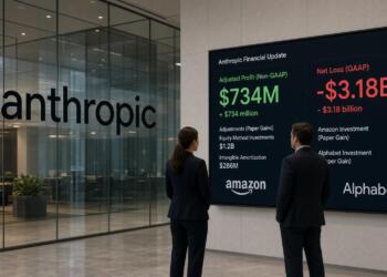 Dos profesionales observan una pantalla con datos financieros y cifras de Anthropic.