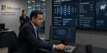 Un operador presiona un botón de pausa frente a pantallas con métricas de IA en Microsoft.