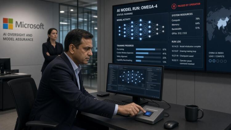 Un operador presiona un botón de pausa frente a pantallas con métricas de IA en Microsoft.