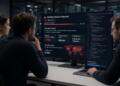 Tres profesionales revisan una pantalla grande que muestra una alerta de vulnerabilidad.