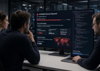 Tres profesionales revisan una pantalla grande que muestra una alerta de vulnerabilidad.
