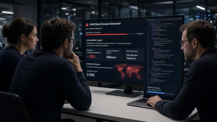 Tres profesionales revisan una pantalla grande que muestra una alerta de vulnerabilidad.