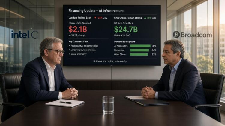 Dos ejecutivos frente a una pantalla con datos de financiación e infraestructura de IA.