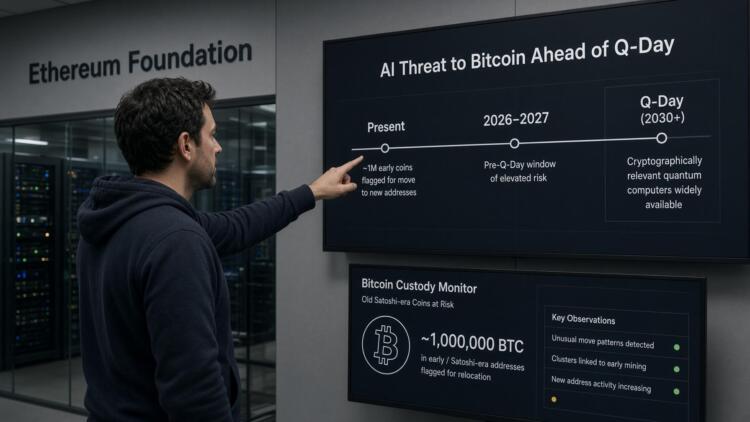 Un investigador señala una pantalla en la Ethereum Foundation sobre riesgos cuánticos.